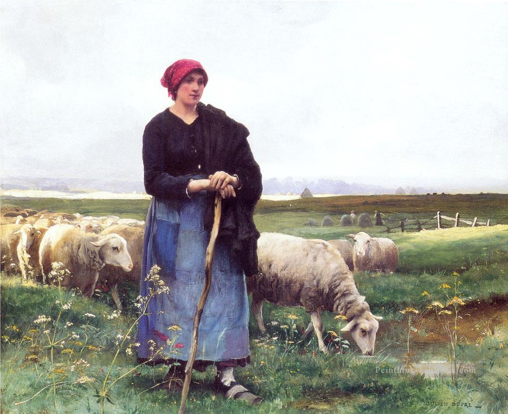 Une bergère avec son troupeau Vie rurale réalisme Julien Dupré Peintures à l'huile